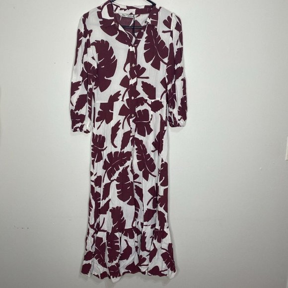 Zara Maxi Dress Size S Maroon White Floral Button Front 3/4 Sleeve Ruffle Hem - Picture 1 of 6